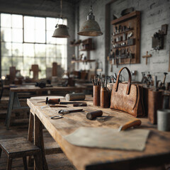 Cozy Artisan Workshop with Handmade Leather Bags and Tools