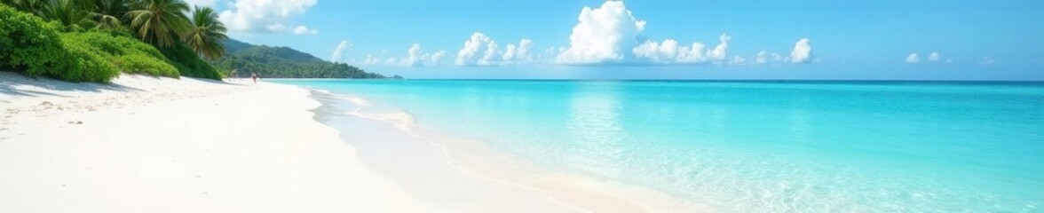 Obraz premium White sand beach, clear shallows, distant island silhouette, sunlight, turquoise, sunny