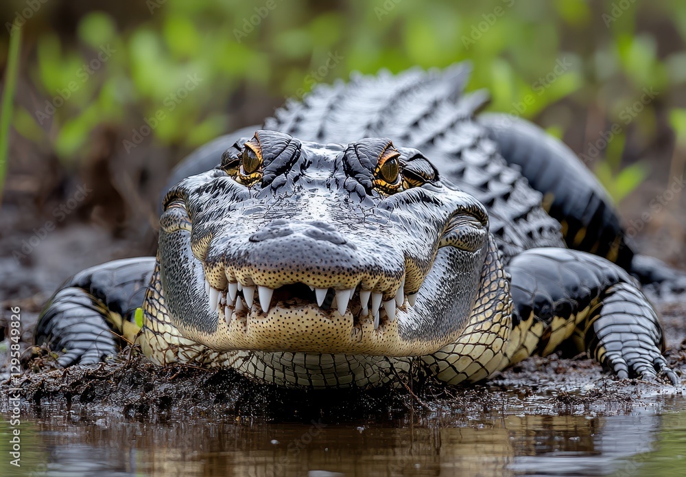 Poster close-up of a crocodile laying on wet ground with sharp teeth and intricate scale patterns under sof