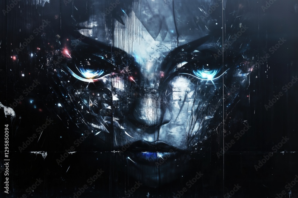 Poster a digital artwork featuring a mysterious face with glowing blue eyes, surrounded by abstract shapes 