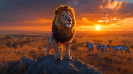 Majestic lion stands on a rock during sunset with zebras grazing in the background in a savanna landscape