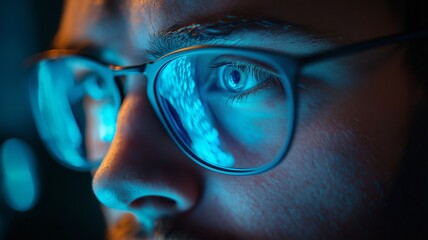 A close-up of a man's eyes wearing spectacles as he looks at a computer screen while the computer reflects in his eyes