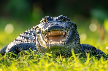 Fototapeta premium Close-Up of a Crocodile Lying on Green Grass with Open Mouth in Natural Habitat Capturing Teeth and Textured Skin Under Soft Light