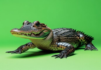 Fototapeta premium Close-up of a Crocodile on a Vibrant Green Background, Showcasing Detailed Scales and Expressive Eyes for Wildlife Photography