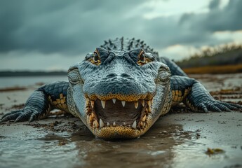Obraz premium Close-up of a Crocodile on a Shoreline with a Dramatic Sky in the Background, Showcasing Its Powerful Jaws and Scales