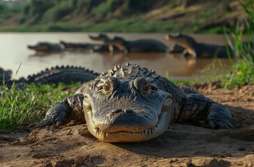 Fototapeta premium Close-Up of a Crocodile on Riverbank with Other Crocodiles in the Background, Capturing the Gritty Texture and Intense Expression of the Reptile