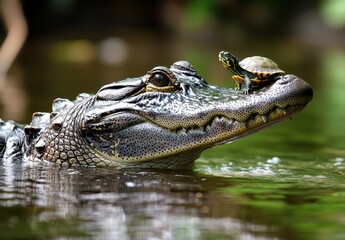 Obraz premium Close-up of a crocodile partially submerged in water with a small turtle resting on its nose in a serene natural habitat setting