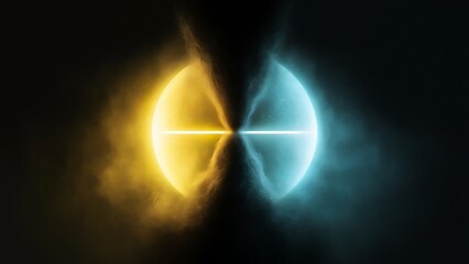 A dark background with a yellow and blue light