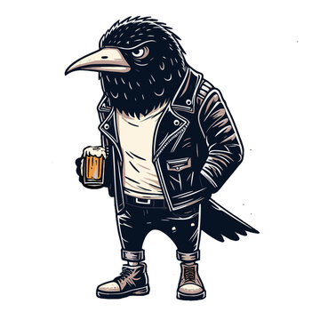 A cool crow in a leather jacket enjoying a beer.