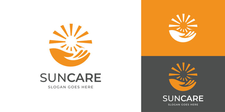 Simple sun care logo template. hand and sun logo design vector illustration.