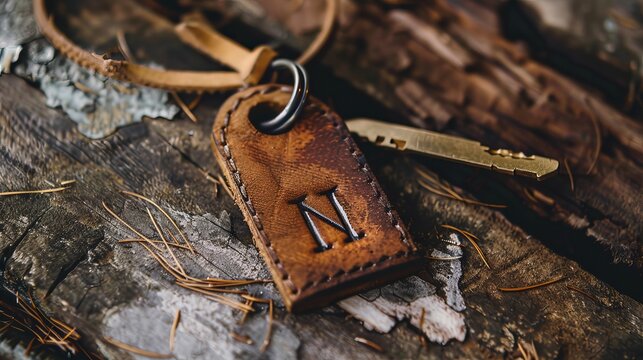 A close-up of a vintage leather keychain with an embossed letter 'N' attached to a key, resting on rustic wooden background.
