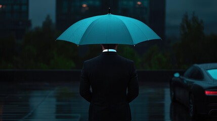 A businessman holding a turquoise umbrella in the rainy environment
