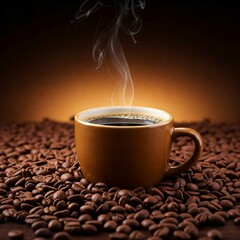 A cozy cup of coffee surrounded by aromatic beans, ideal for coffee lovers and promotions.