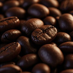A detailed close-up of roasted coffee beans, showcasing their rich brown color, glossy texture, and intricate surface details. The beans are piled together, highlighting their natural variations in si