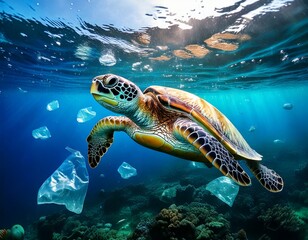 Obraz premium Turtles swimming on the surface of the water plastic bag and bottles in the Blue ocean