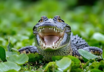 Obraz premium Close-Up of a Crocodile Smiling on a Lush Green Surface Surrounded by Leaves, Showcasing its Sharp Teeth and Textured Skin in Natural Habitat