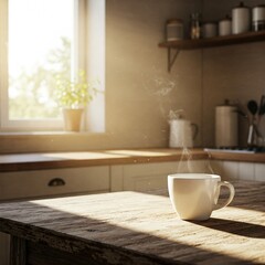 A white coffee cup on a wooden table in a cozy kitchen, perfect for warm mornings.
