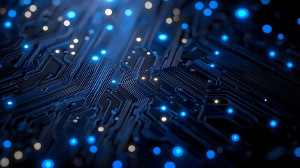 Circuit board illuminated with striking blue lights highlighting electronic components and intricate design elements