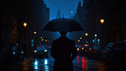 A lone person holding an umbrella in a rainswept city street