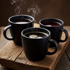 A steaming black cup of coffee, tea, or chocolate rests on a rustic wooden plank, creating a cozy and inviting scene.