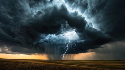 Thunderstorm rolling over an open prairie, dark clouds illuminated by streaks of lightning, intense and powerful atmosphere
