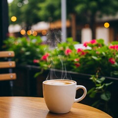 A steaming cup of coffee sitting on a cozy café table, surrounded by a warm and inviting atmosphere.