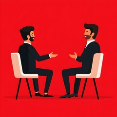 Obraz premium Two men are sitting in chairs and talking to each other