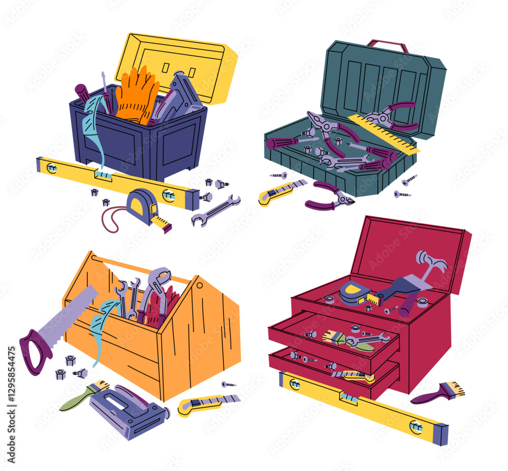 Poster cartoon color different construction toolkit boxes set repair master implement tool box concept flat