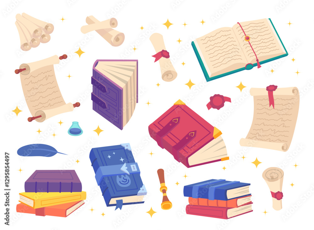 Poster cartoon color different spell magic books and scrolls set wizard elements concept flat design style.