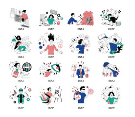 Fototapeta premium Cartoon Color Characters People Personality Types Myers Briggs Personality Test Concept Flat Design Style. Vector illustration of Mbti Person