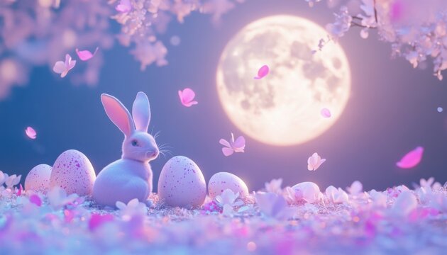 Fantasy Easter banner with enchanted glowing eggs, floating petals, and dreamlike rabbits frolicking beneath a full moon, leaving ample space for greetings.