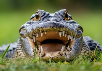 Fototapeta premium Close-Up of a Crocodile with Exposed Teeth Sunbathing on Green Grass in a Natural Habitat Under Bright Daylight Conditions
