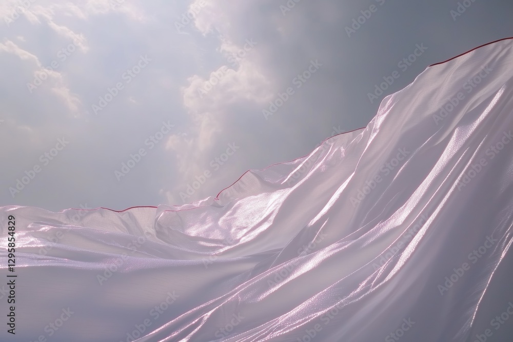 Poster a flowing fabric draped over a landscape, illuminated by soft sunlight breaking through clouds. the 