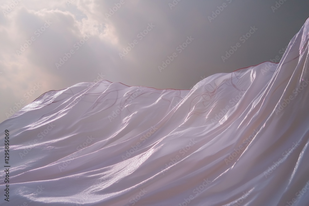 Poster a close-up view of flowing, translucent fabric against a cloudy sky, creating a serene and ethereal 