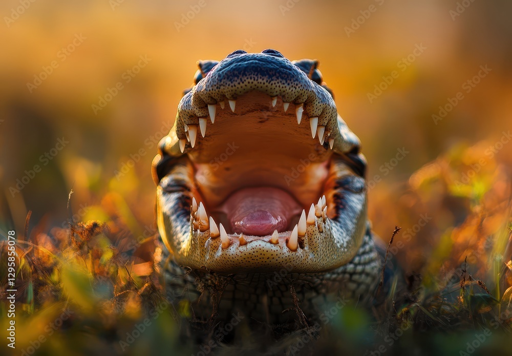 Poster close-up of a crocodile with open mouth displaying sharp teeth and captivating eyes amidst natural b