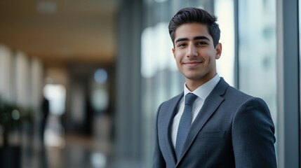 Fototapeta premium Young Man in Suit Smiling Confidently Indoors
