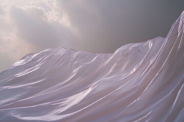 A close-up view of flowing, translucent fabric against a cloudy sky, creating a serene and ethereal atmosphere.