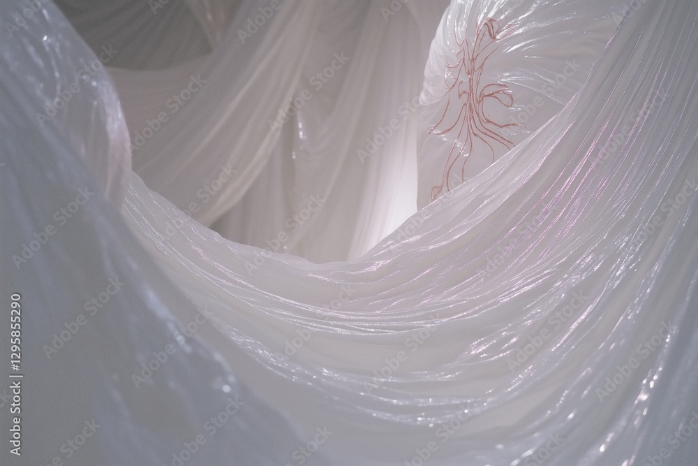 Poster an abstract view of flowing, translucent white fabric creating a soft, ethereal atmosphere. the fabr