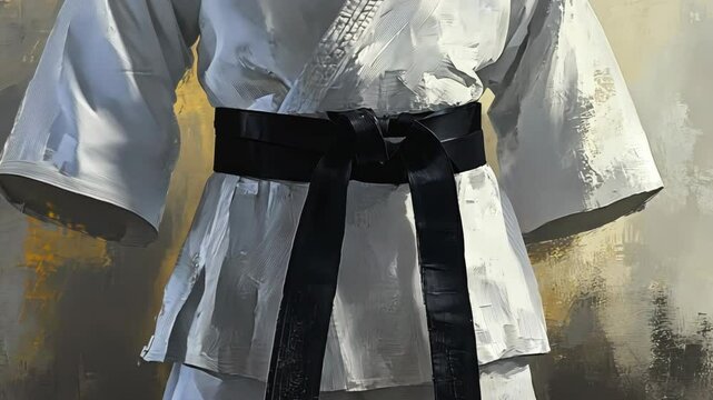 Black belt in karate displayed in front of a textured gold background