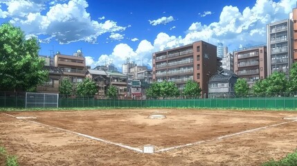 Empty baseball field in Japanese city. Sunny day. Potential use for sports, anime background