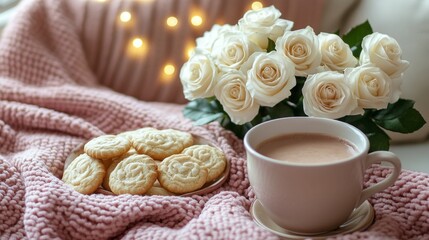 Soft hues of a knitted blanket complement delicate white roses and freshly baked cookies beside a steaming cup of tea, creating a tranquil afternoon setting filled with warmth