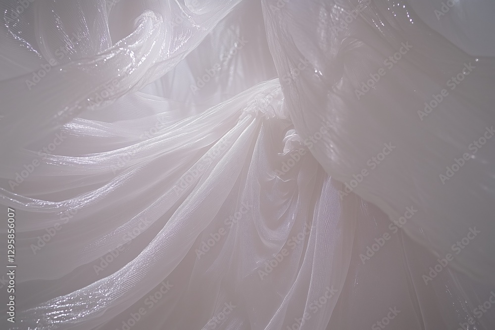 Poster close-up of flowing, translucent white fabric with soft textures and gentle folds, creating an ether