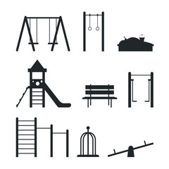 Set of icons of black silhouettes of playground elements. Slide, swing, sandbox, carousel and more.