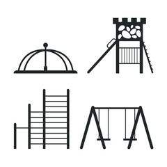 Black silhouettes of children's playground icon. Slide, swing and other. Leisure, entertainment.