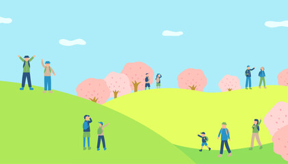 春にハイキングをする人のイラスト