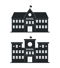 Set of black silhouette icons of school buildings with signs. Education, development concept. 