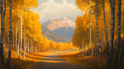 Fototapeta premium Oil painting of an autumn birch forest, with warm colors and a beautiful scenery. 