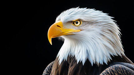 Obraz premium Close up shot of bald eagle with golden eyes and copy space and black background.
