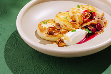 Delicious dessert with pancakes, cream, and berries served elegantly