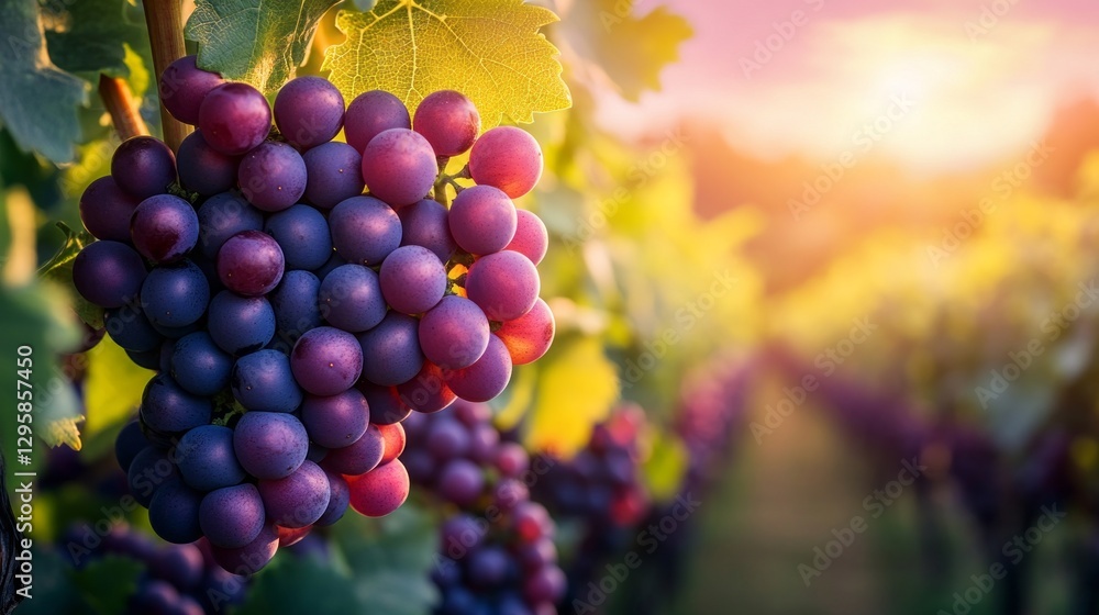 Poster lush grape clusters dangle from verdant vines, illuminated by a warm sunset glow. this serene vineya
